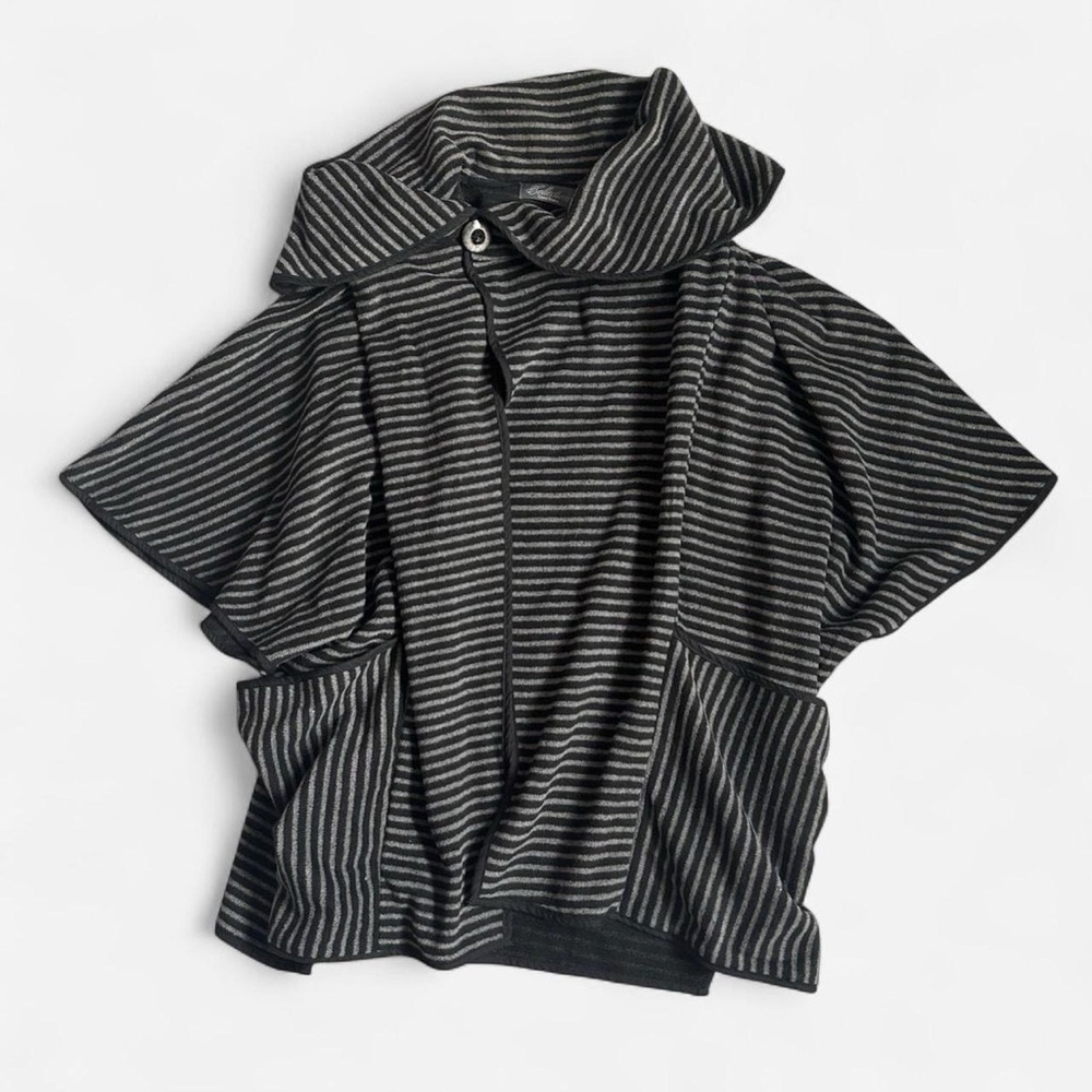 Y2K Costa Blanca Asymmetrical Black and Gray Striped Poncho Coat
